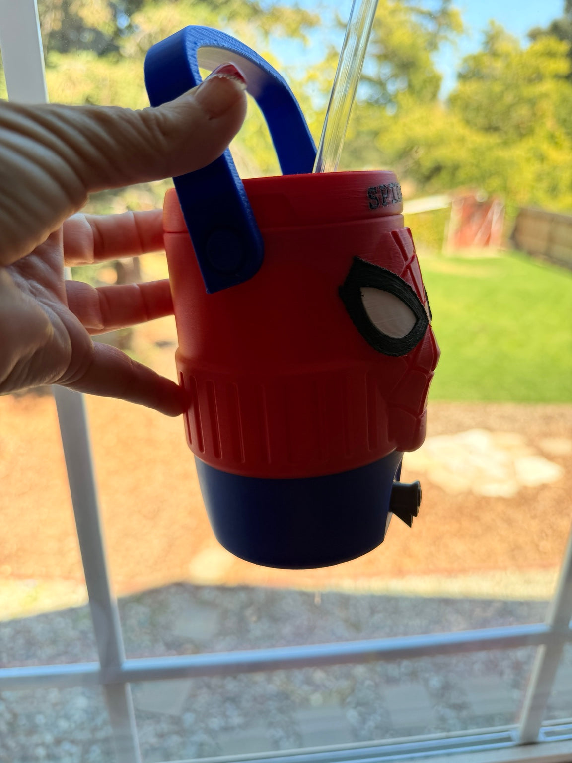 Spider Hero 3D Printed Can Cooler | Handled Drink Holder with Lid & Straw | Comic Inspired Tumbler