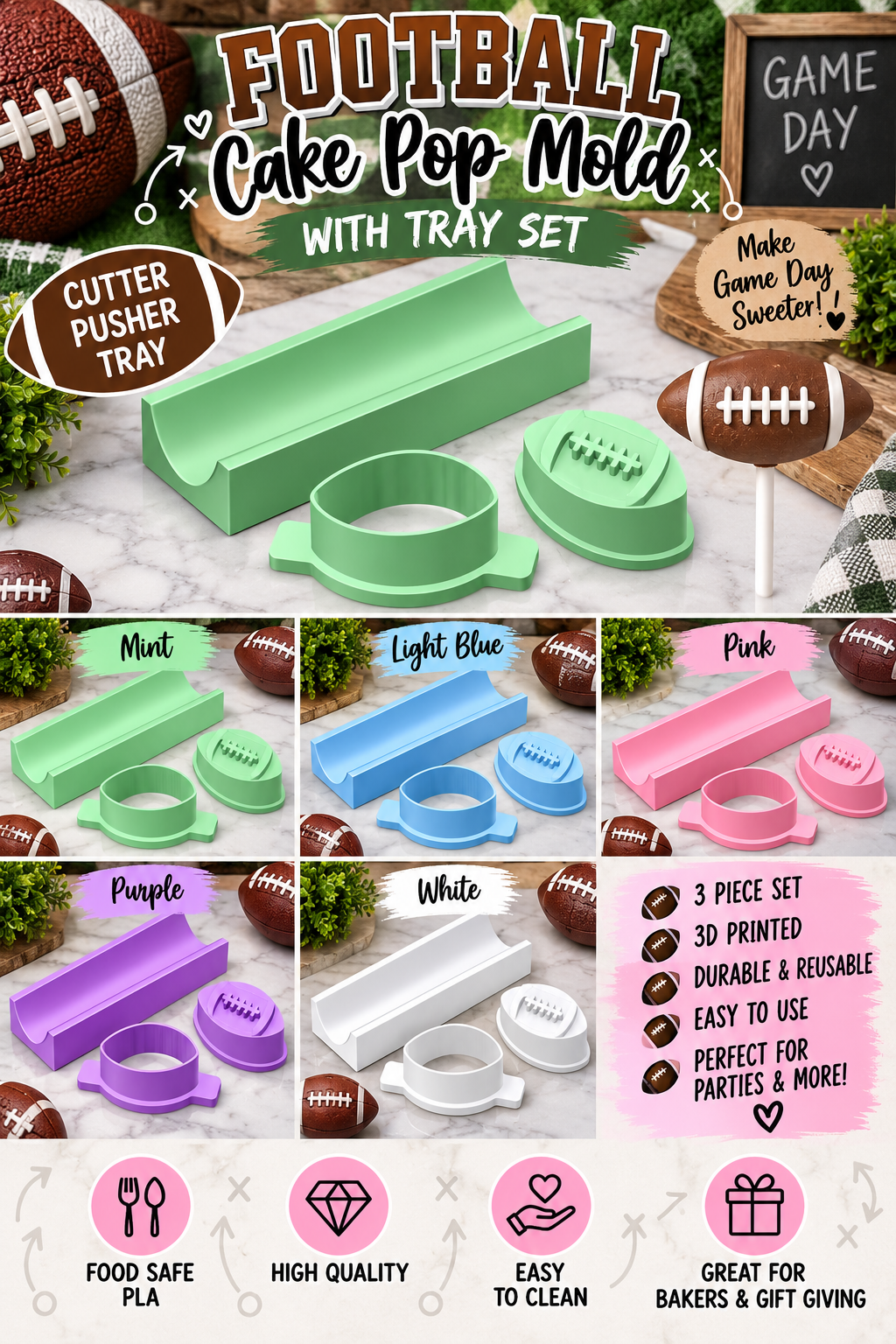 Football Cake Pop Cutter, Pusher & Holding Tray Set | 3D Printed Cake Pop Tool