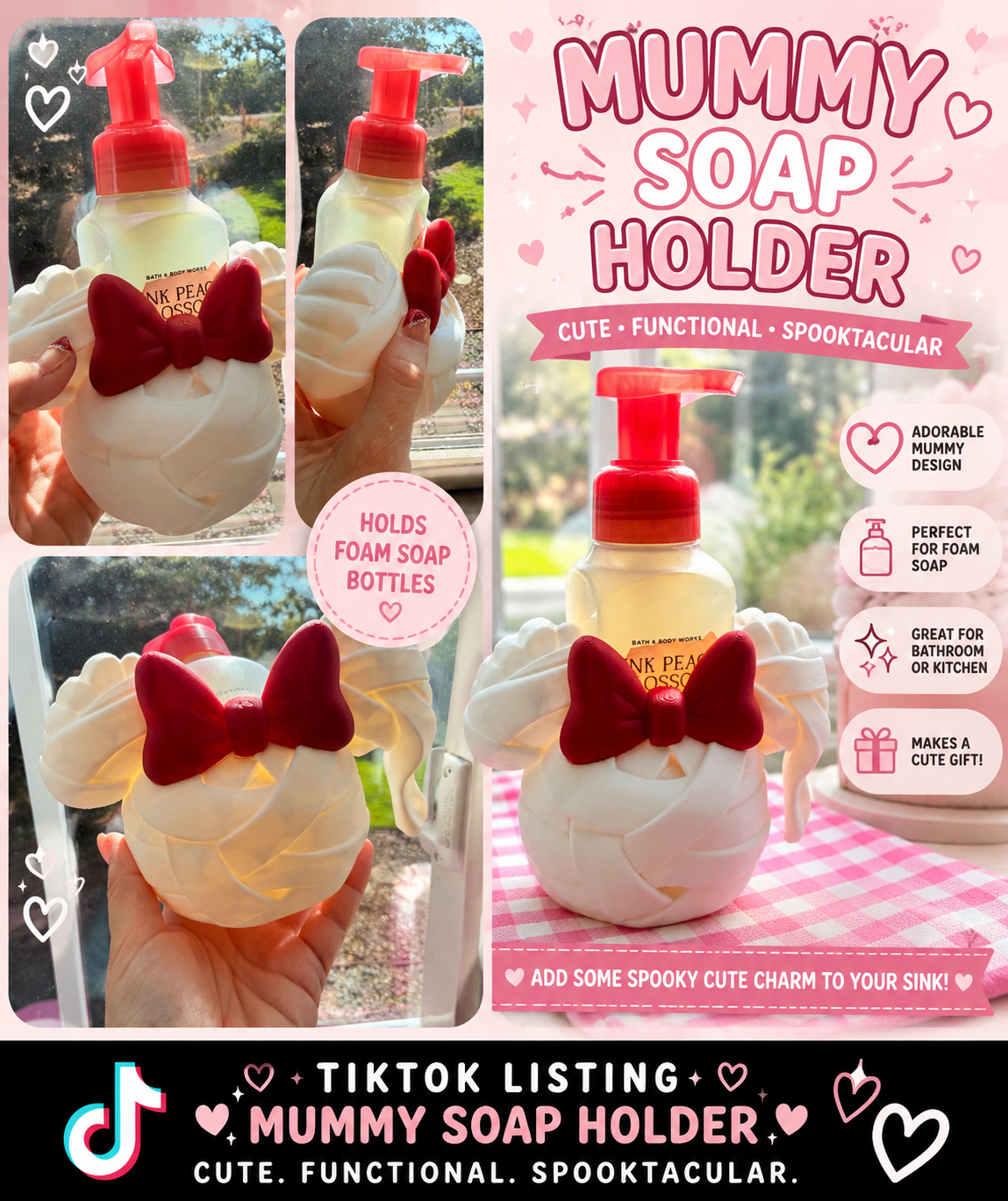 Mummy Soap Holder with Bow | 3D Printed Halloween Bathroom Decor | Foaming Soap Bottle Holder | Cute Spooky Sink Decor