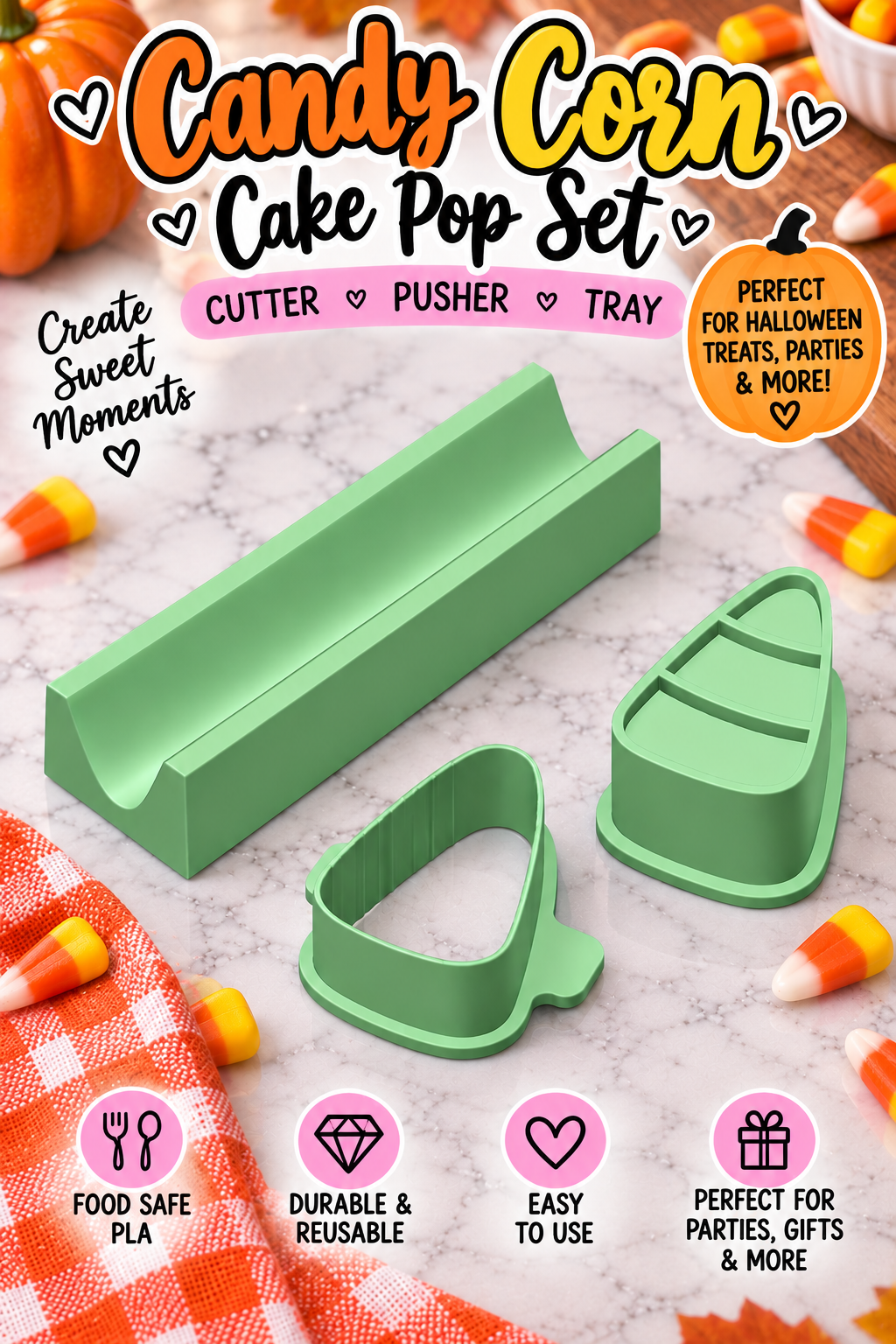 Candy Corn Cake Pop Cutter, Pusher & Tray Set  3D-printed