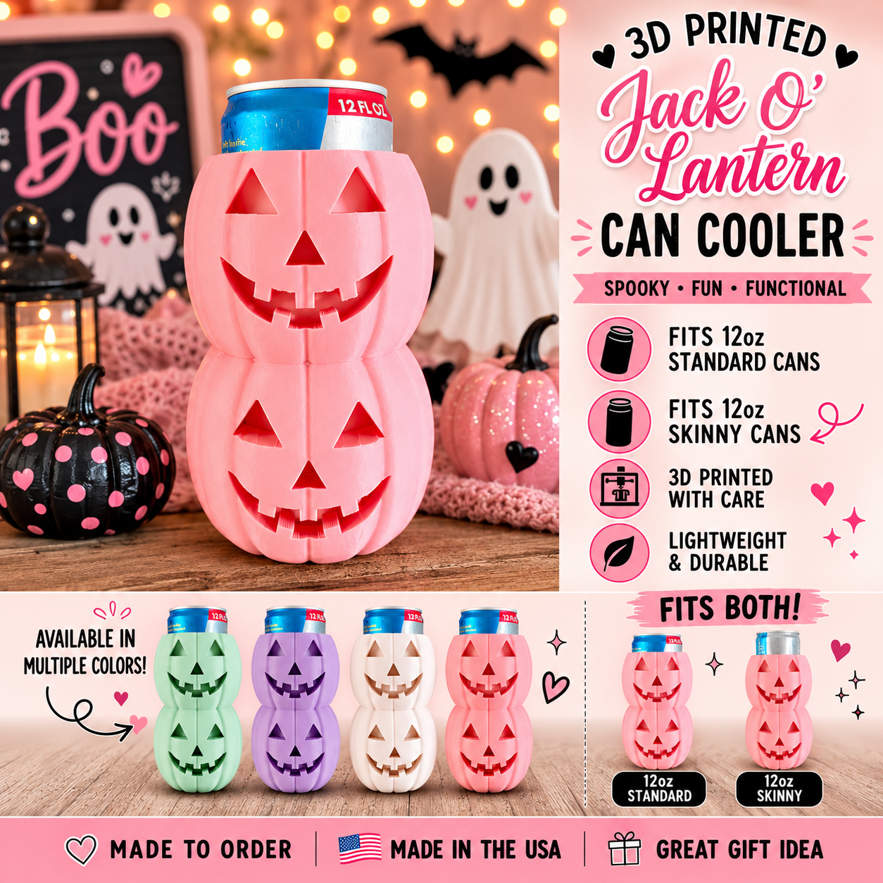 Jack O' Lantern Can Cooler | 3D Printed Halloween Can Holder | Fits 12oz Standard & Skinny Cans | Cute Pumpkin Drink Sleeve