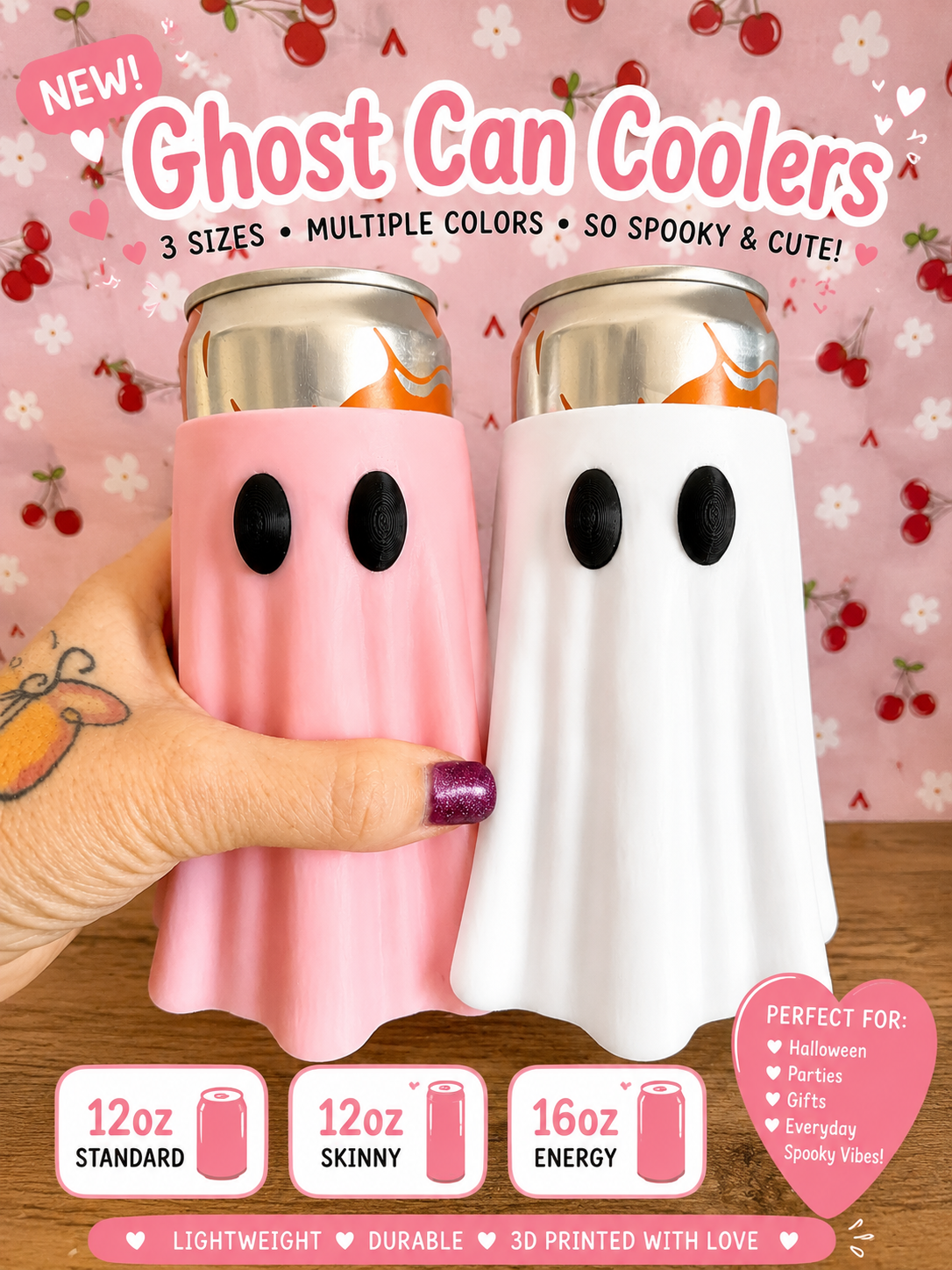 Ghost Shaped Pink/Mint Green/White Can Coolers