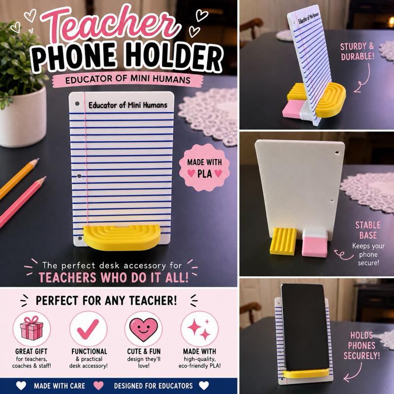 3D Printed Teacher Phone Holder - Yellow Base, Blue Stripes, "Educator of Mini Humans" Design Custom Cellphone Smartphone