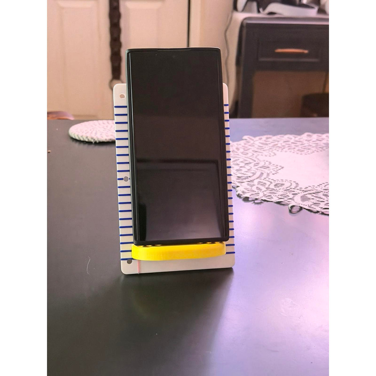3D Printed Teacher Phone Holder - Yellow Base, Blue Stripes, "Educator of Mini Humans" Design Custom Cellphone Smartphone