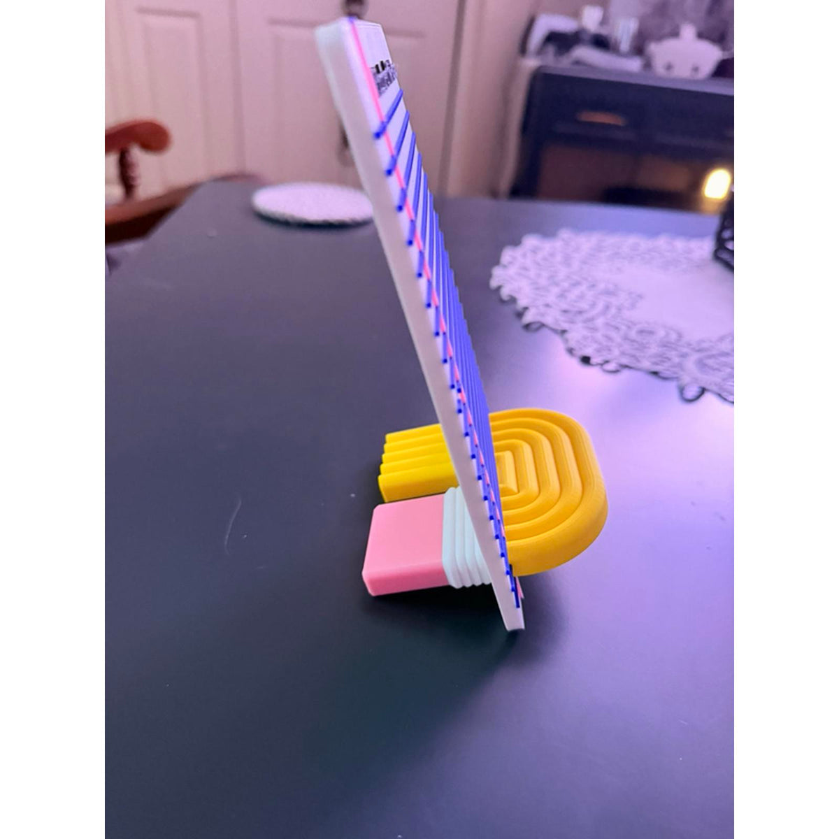 3D Printed Teacher Phone Holder - Yellow Base, Blue Stripes, "Educator of Mini Humans" Design Custom Cellphone Smartphone
