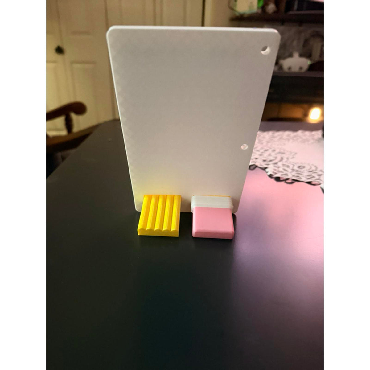 3D Printed Teacher Phone Holder - Yellow Base, Blue Stripes, "Educator of Mini Humans" Design Custom Cellphone Smartphone